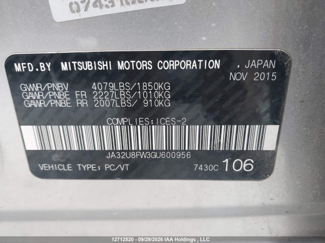 2016 Mitsubishi Lancer Gts მანქანა იყიდება აუქციონზე, vin: JA32U8FW3GU600956, აუქციონის ნომერი: 12712520