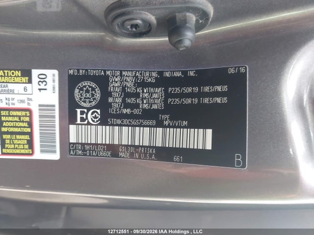 12712551 :رقم المزاد ، 5TDXK3DC5GS756669 vin ، 2016 Toyota Sienna مزاد بيع