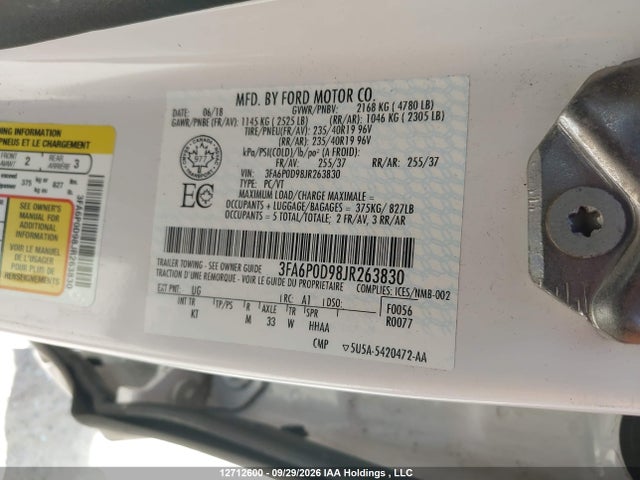 2018 Ford Fusion Titanium მანქანა იყიდება აუქციონზე, vin: 3FA6P0D98JR263830, აუქციონის ნომერი: 12712600