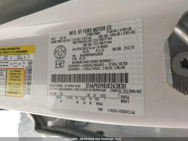 2018 Ford Fusion Titanium მანქანა იყიდება აუქციონზე, vin: 3FA6P0D98JR263830, აუქციონის ნომერი: 12712600