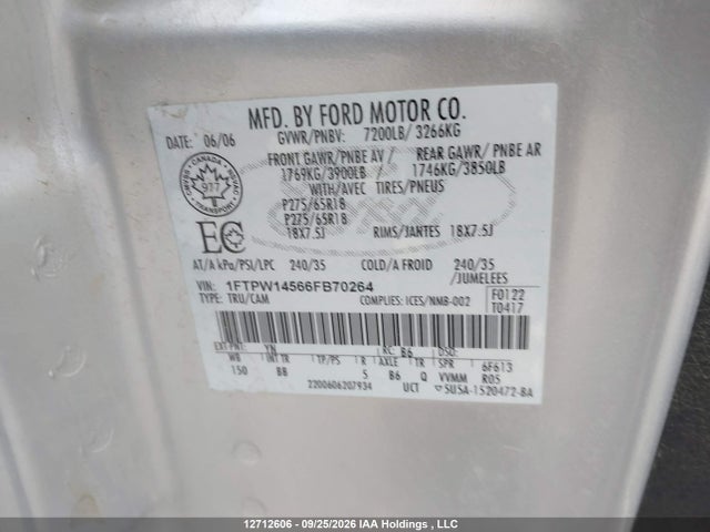 2006 Ford F150 Supercrew მანქანა იყიდება აუქციონზე, vin: 1FTPW14566FB70264, აუქციონის ნომერი: 12712606