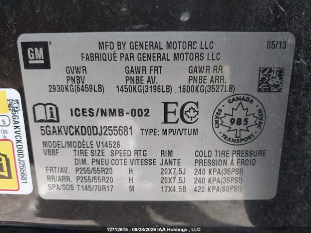 2013 Buick Enclave Leather მანქანა იყიდება აუქციონზე, vin: 5GAKVCKD0DJ255681, აუქციონის ნომერი: 12712615