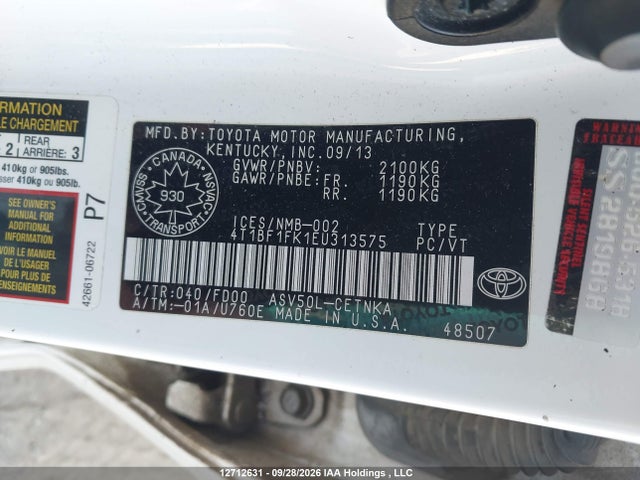 12712631 :رقم المزاد ، 4T1BF1FK1EU313575 vin ، 2014 Toyota Camry Le مزاد بيع