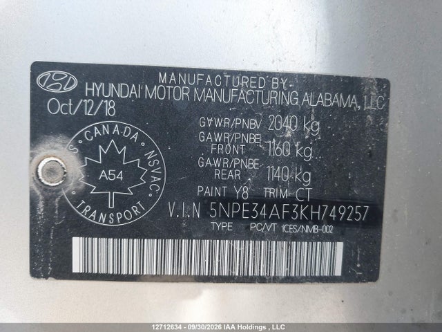 Продаж на аукціоні авто 2019 Hyundai Sonata Essential, vin: 5NPE34AF3KH749257, номер лоту: 12712634