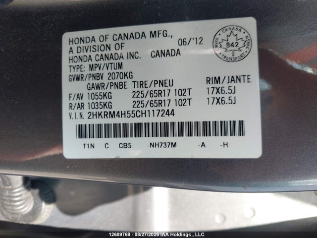 Aukcja sprzedaży 2012 Honda Cr-v Ex, vin: 2HKRM4H55CH117244, numer aukcji: 12689769