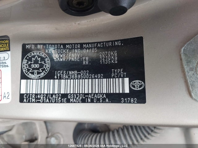 12687825 :رقم المزاد ، 4T1BK36B95U026492 vin ، 2005 Toyota Avalon Xl/xls/touring/limited مزاد بيع