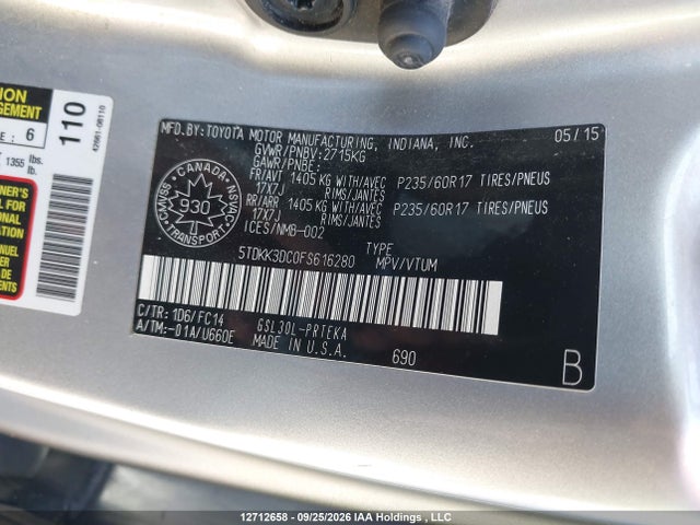 Продаж на аукціоні авто 2015 Toyota Sienna Le 8 Passenger, vin: 5TDKK3DC0FS616280, номер лоту: 12712658