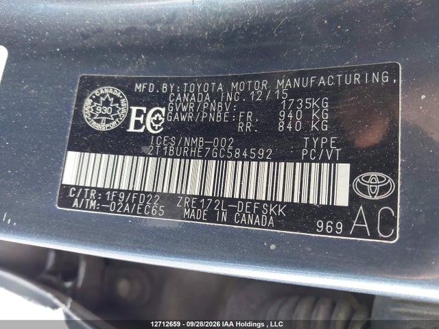 2T1BURHE7GC584592 Toyota Corolla L/le/le Pls/prm/s/s Pls