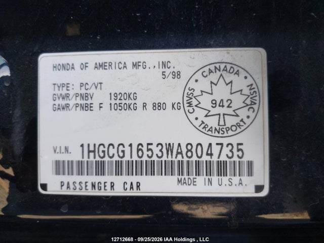 12712668 :رقم المزاد ، 1HGCG1653WA804735 vin ، 1998 Honda Accord Ex V6 مزاد بيع