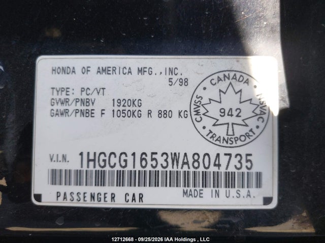 12712668 :رقم المزاد ، 1HGCG1653WA804735 vin ، 1998 Honda Accord Ex V6 مزاد بيع