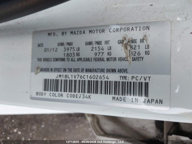 Aukcja sprzedaży 2012 Mazda Mazda3 Gs-sky, vin: JM1BL1V76C1602654, numer aukcji: 12712670