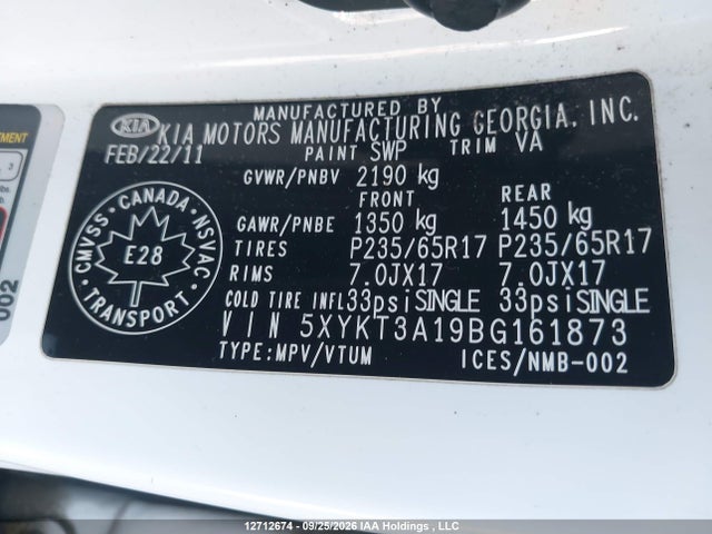 2011 Kia Sorento მანქანა იყიდება აუქციონზე, vin: 5XYKT3A19BG161873, აუქციონის ნომერი: 12712674