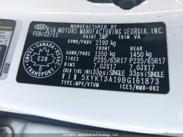 2011 Kia Sorento მანქანა იყიდება აუქციონზე, vin: 5XYKT3A19BG161873, აუქციონის ნომერი: 12712674
