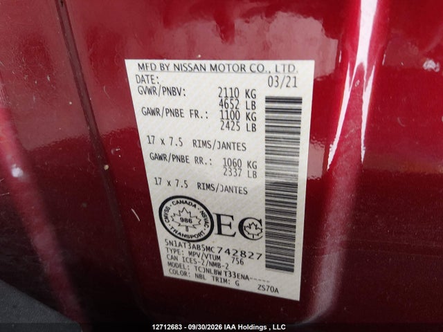 Aukcja sprzedaży 2021 Nissan Rogue, vin: 5N1AT3AB5MC742827, numer aukcji: 12712683