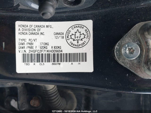 Auction sale of the 2019 Honda Civic Ex, vin: 2HGFC2F71KH009694, lot number: 12712692