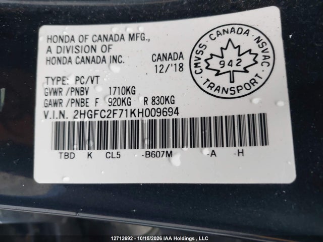 Auction sale of the 2019 Honda Civic Ex, vin: 2HGFC2F71KH009694, lot number: 12712692