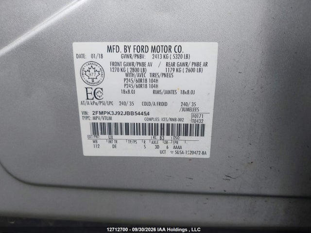12712700 :رقم المزاد ، 2FMPK3J92JBB54454 vin ، 2018 Ford Edge Sel مزاد بيع