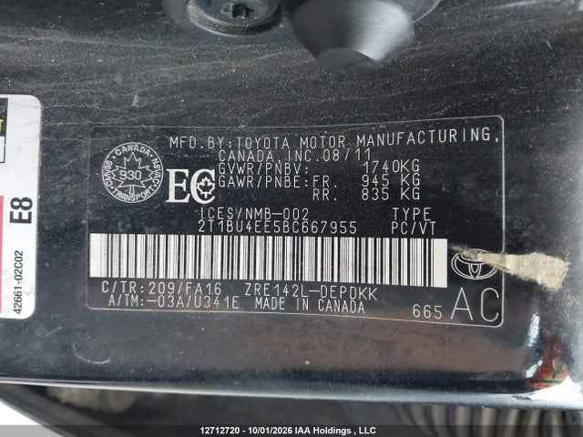 Aukcja sprzedaży 2011 Toyota Corolla S/le, vin: 2T1BU4EE5BC667955, numer aukcji: 12712720