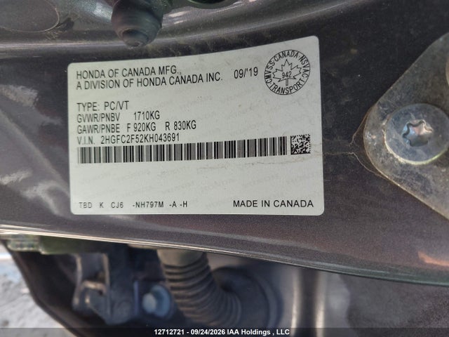 Honda Civic Lx 2019 2HGFC2F52KH043691 Image 9