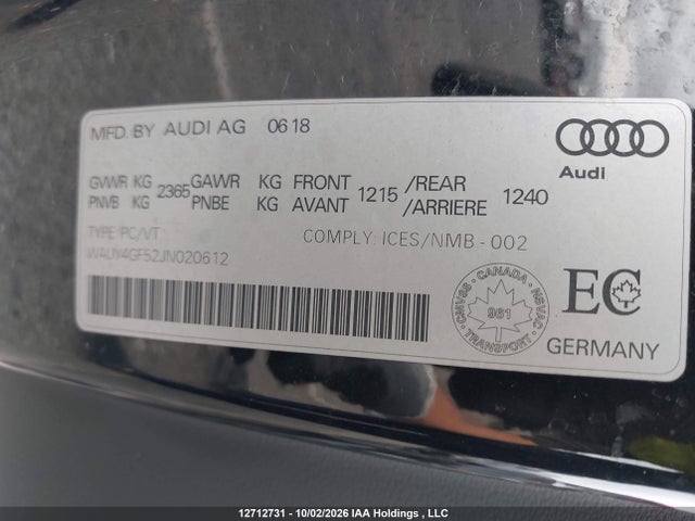 Aukcja sprzedaży 2018 Audi S5, vin: WAUY4GF52JN020612, numer aukcji: 12712731