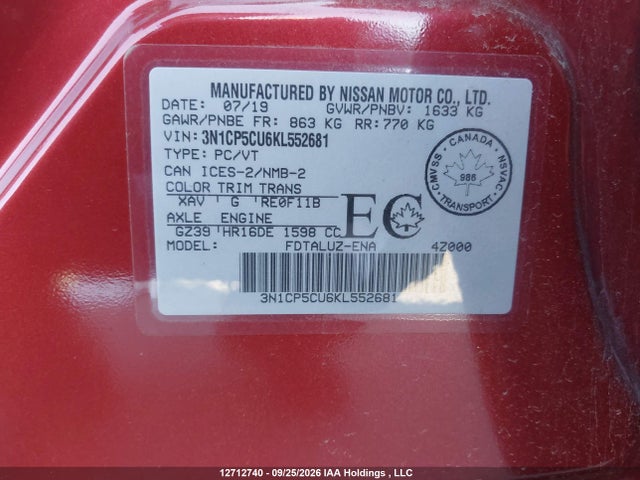 3N1CP5CU6KL552681 Nissan KICKS SR