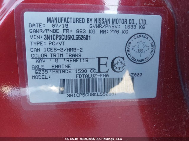 3N1CP5CU6KL552681 Nissan KICKS SR