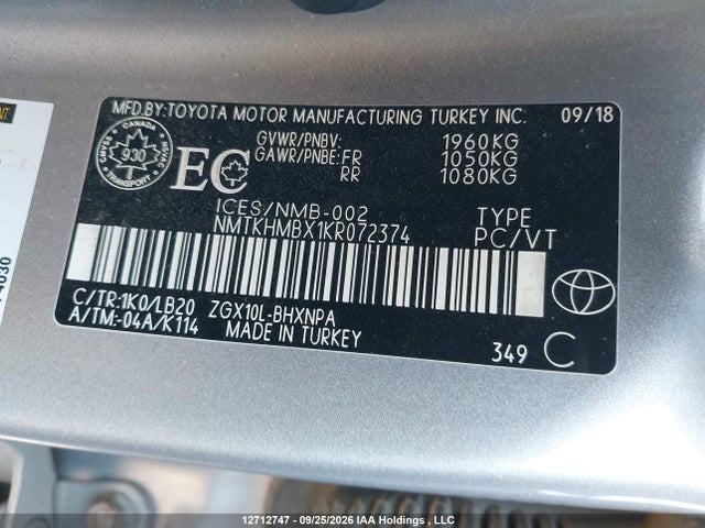 12712747 :رقم المزاد ، NMTKHMBX1KR072374 vin ، 2019 Toyota C-hr مزاد بيع