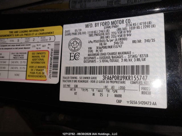 Aukcja sprzedaży 2019 Ford Fusion, vin: 3FA6P0RU9KR155747, numer aukcji: 12712752