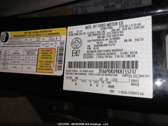 Aukcja sprzedaży 2019 Ford Fusion, vin: 3FA6P0RU9KR155747, numer aukcji: 12712752