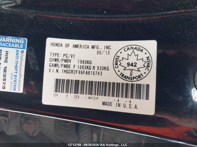 Продаж на аукціоні авто 2015 Honda Accord Touring, vin: 1HGCR2F96FA810743, номер лоту: 12712769