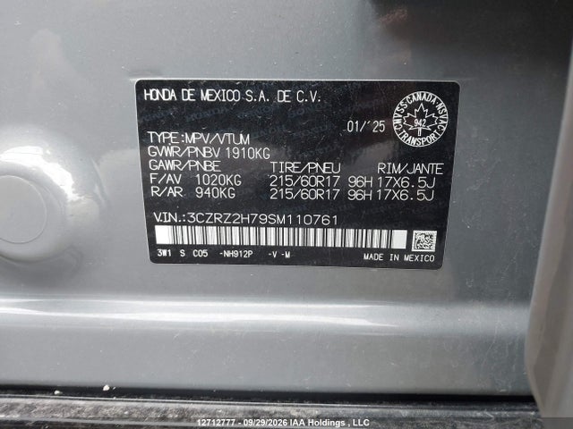 2025 Honda Hr-v Ex-l Navi მანქანა იყიდება აუქციონზე, vin: 3CZRZ2H79SM110761, აუქციონის ნომერი: 12712777