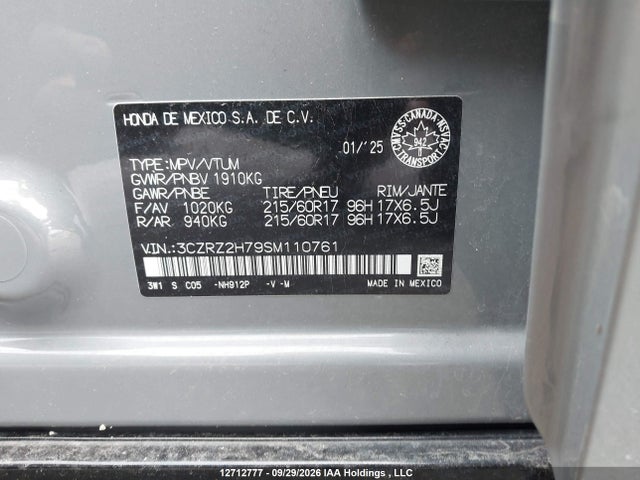2025 Honda Hr-v Ex-l Navi მანქანა იყიდება აუქციონზე, vin: 3CZRZ2H79SM110761, აუქციონის ნომერი: 12712777