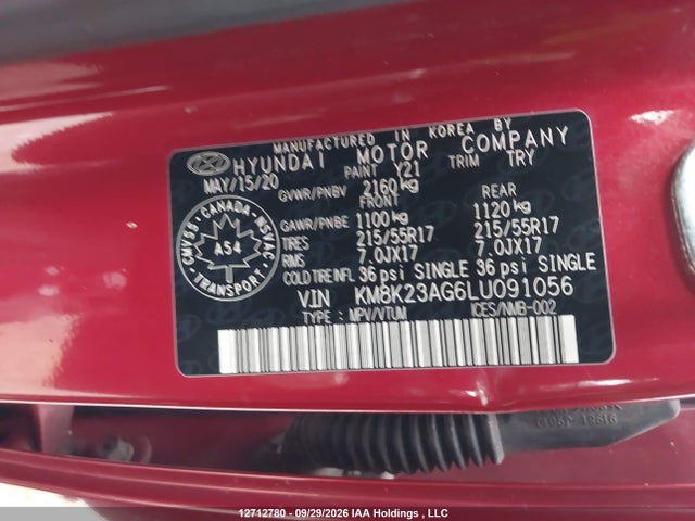 2020 Hyundai Kona Sel მანქანა იყიდება აუქციონზე, vin: KM8K23AG6LU091056, აუქციონის ნომერი: 12712780