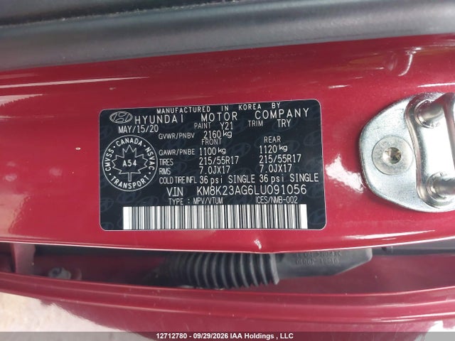 2020 Hyundai Kona Sel მანქანა იყიდება აუქციონზე, vin: KM8K23AG6LU091056, აუქციონის ნომერი: 12712780