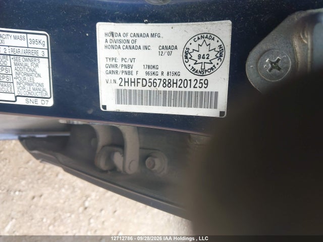 12712786 :رقم المزاد ، 2HHFD56788H201259 vin ، 2008 Acura Csx Technology مزاد بيع