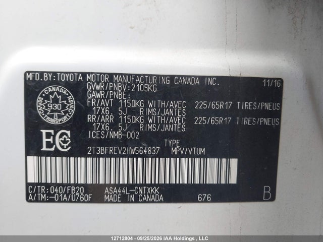 2T3BFREV2HW564837 Toyota RAV4 LE
