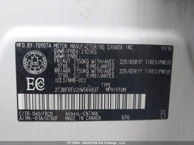 2T3BFREV2HW564837 Toyota RAV4 LE