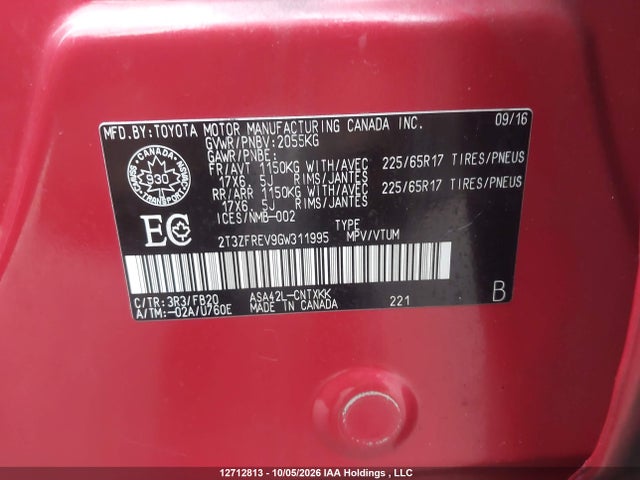 12712813 :رقم المزاد ، 2T3ZFREV9GW311995 vin ، 2016 Toyota Rav4 Le مزاد بيع
