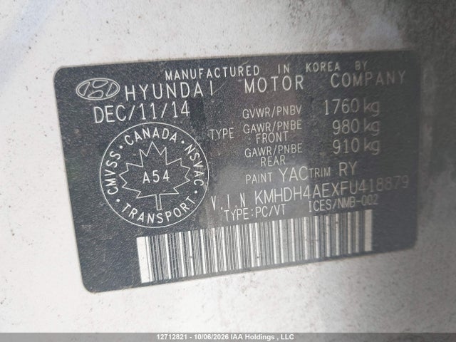 2015 Hyundai Elantra Se/sport/limited მანქანა იყიდება აუქციონზე, vin: KMHDH4AEXFU418879, აუქციონის ნომერი: 12712821