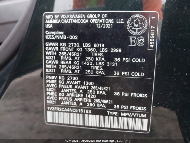Продажа на аукционе авто 2022 Volkswagen Atlas, vin: 1V2FR2CA4NC515183, номер лота: 12712824