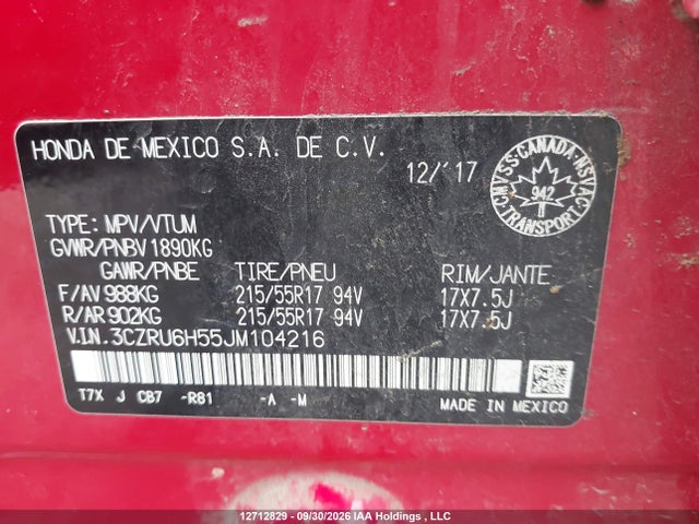 12712829 :رقم المزاد ، 3CZRU6H55JM104216 vin ، 2018 Honda Hr-v Ex مزاد بيع