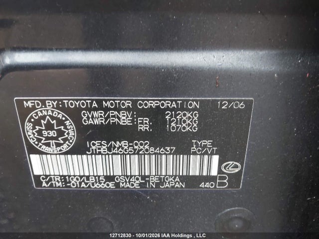 Aukcja sprzedaży 2007 Lexus Es 350 350, vin: JTHBJ46G572084637, numer aukcji: 12712830
