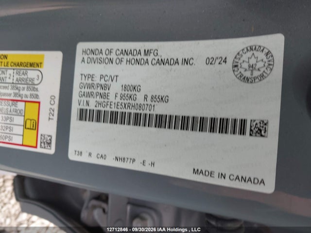12712846 :رقم المزاد ، 2HGFE1E5XRH080701 vin ، 2024 Honda Civic Si Si مزاد بيع