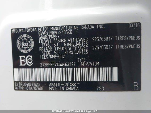 12712847 :رقم المزاد ، 2T3BFREVXGW463124 vin ، 2016 Toyota Rav4 Le مزاد بيع