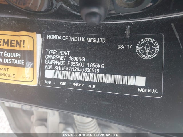Продажа на аукционе авто 2018 Honda Civic Lx, vin: SHHFK7H28JU300518, номер лота: 12712870