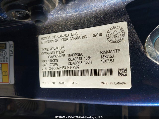 Продажа на аукционе авто 2018 Honda Cr-v Ex, vin: 2HKRW2H53JH147502, номер лота: 12712878