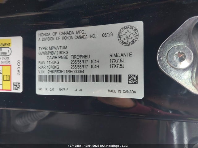 12712884 :رقم المزاد ، 2HKRS3H21RH000064 vin ، 2024 Honda Cr-v Lx-b مزاد بيع