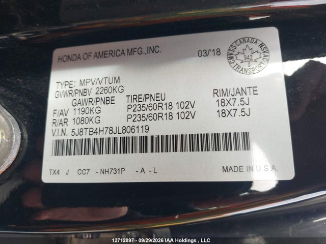 12712897 :رقم المزاد ، 5J8TB4H78JL806119 vin ، 2018 Acura Rdx Elite مزاد بيع