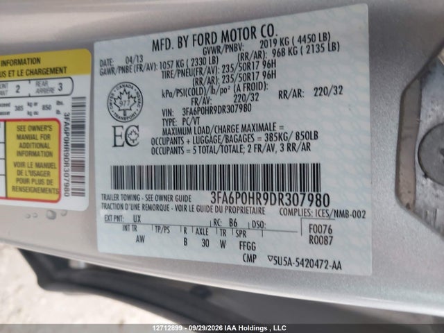 Продаж на аукціоні авто 2013 Ford Fusion Se, vin: 3FA6P0HR9DR307980, номер лоту: 12712899