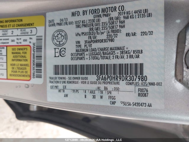 Продаж на аукціоні авто 2013 Ford Fusion Se, vin: 3FA6P0HR9DR307980, номер лоту: 12712899